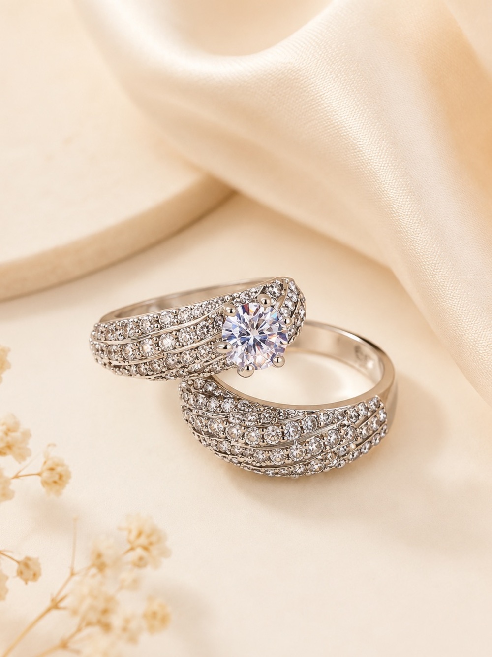 Sterling Silver CZ Crystal 2-Pc. Wedding Engagement Princess Cut Bridal Ring Set